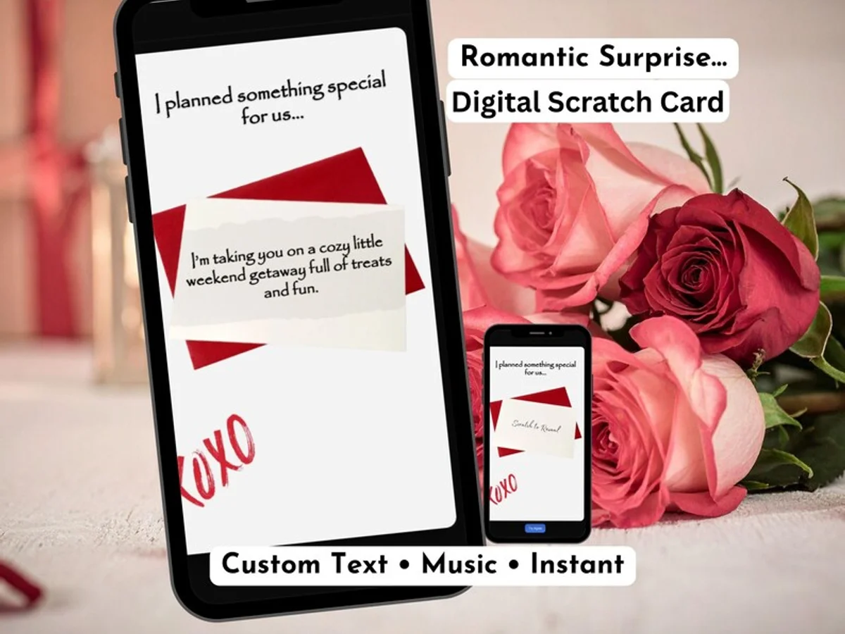 XOXO digital scratch card styled like a greeting card with music, gold foil scratch reveal and animated love message
