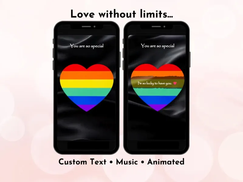 Pride love digital scratch card with rainbow heart on black video background, LGBTQ+ inclusive design by NylaLand