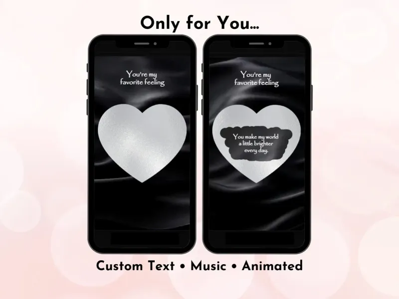 Modern love digital scratch card with black satin background, silver glitter heart and video background reveal