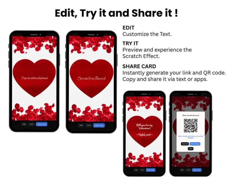 Rose Petal Love Scratch Card, Red Heart Reveal