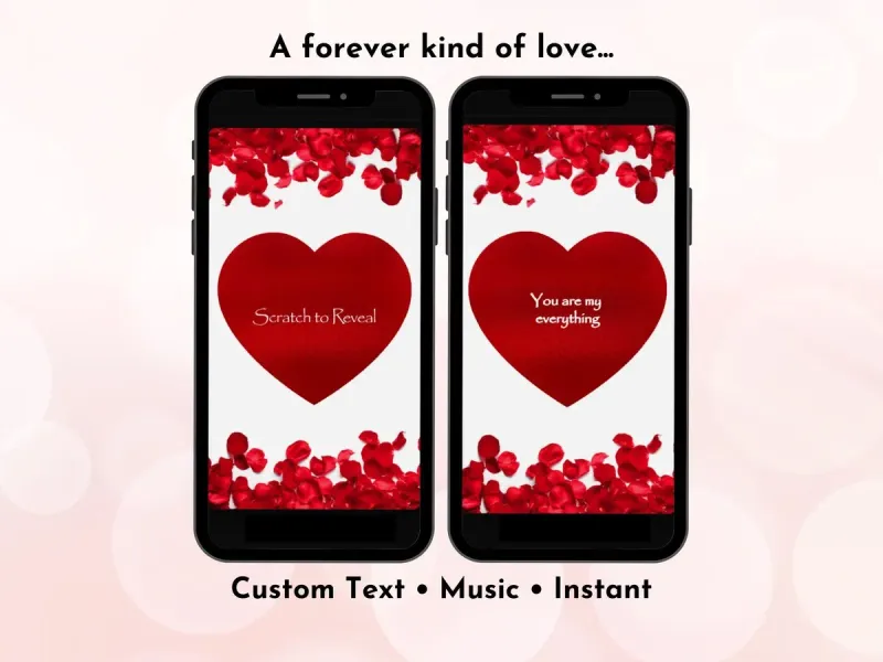 Rose petal love digital scratch card with floral rouge design and red heart gold foil scratch reveal by NylaLand