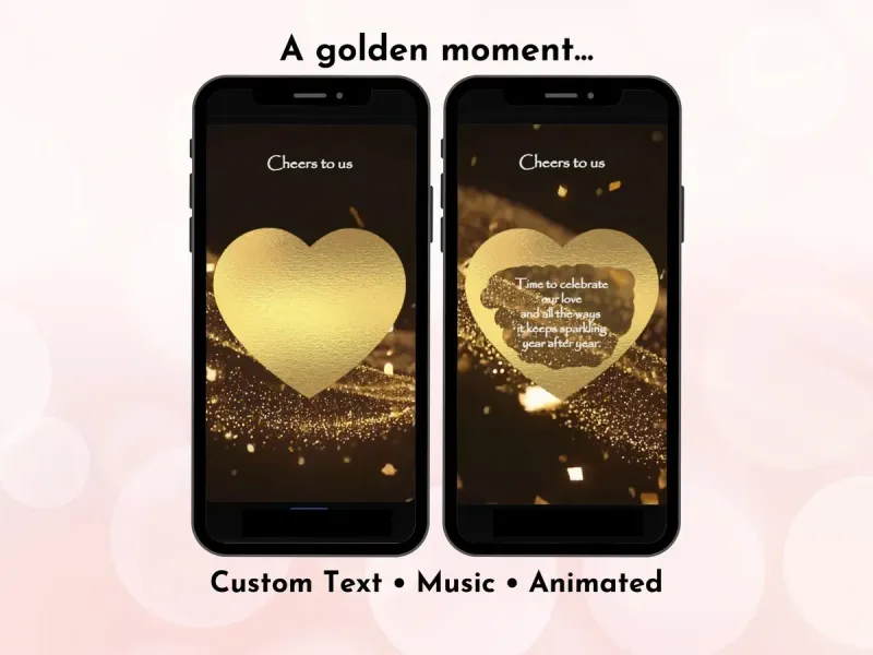 Gold heart reveal digital scratch card with glitter wave background and personalised romantic message by NylaLand