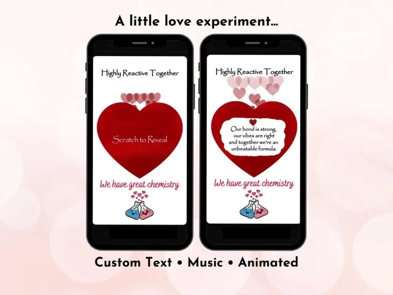 Fun love scratch card with chemistry and science theme design, We Have Great Chemistry digital reveal by NylaLand