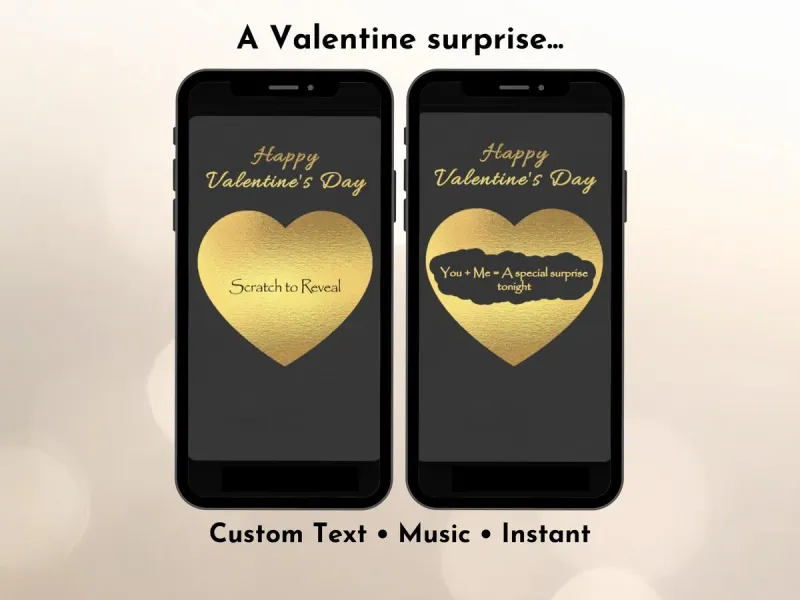 Happy Valentine's Day digital scratch card with gold heart animation and confetti on dark background