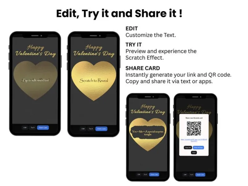 Happy Valentine’s Day Digital Scratch Card, Gold Heart Reveal, Romantic Surprise eCard
