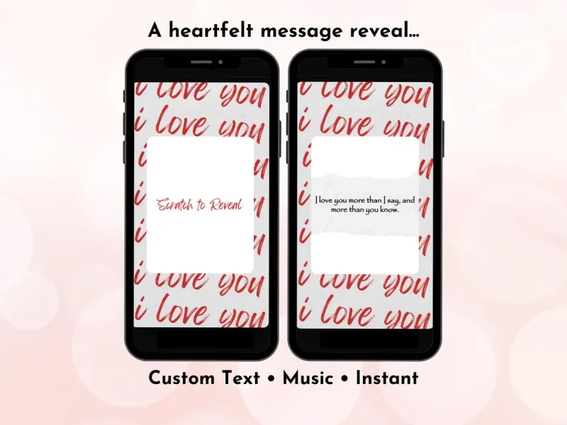 Valentine I Love You digital scratch card with romantic love message reveal, gold foil scratch area on red heart design