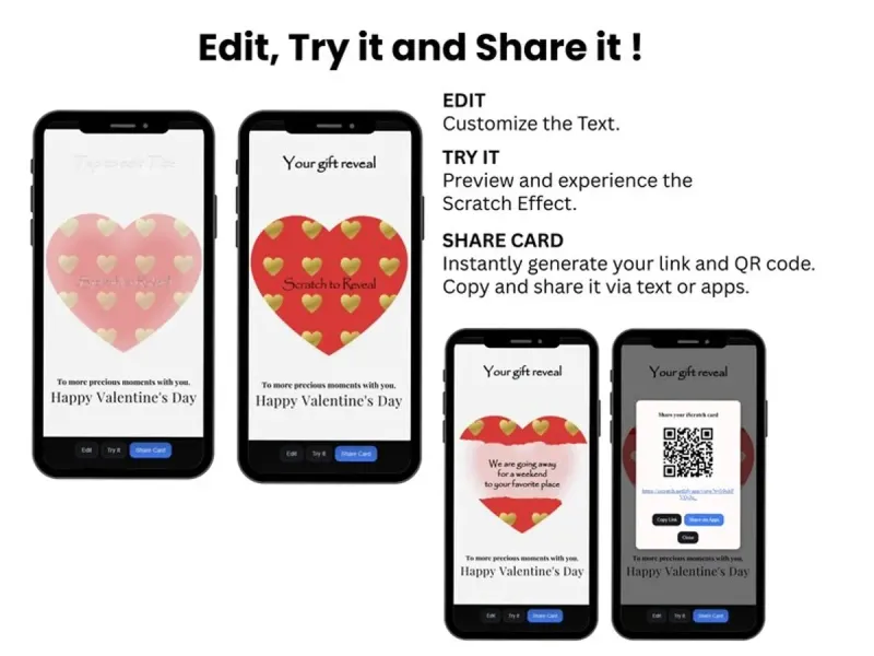 Gold Hearts Love Scratch Card, Romantic Message Reveal