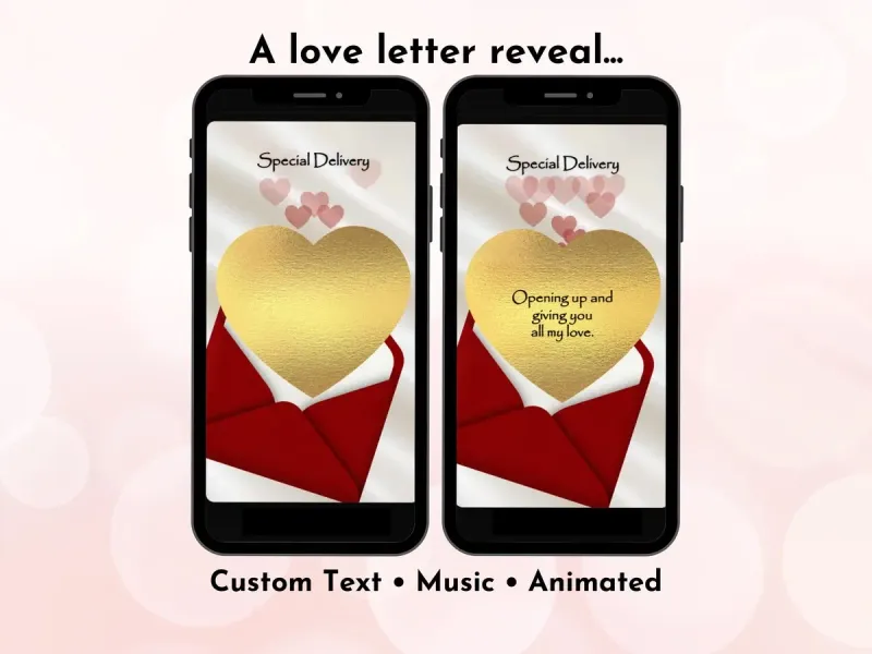 Romantic love letter digital scratch card with red envelope and gold heart reveal, personalised love message