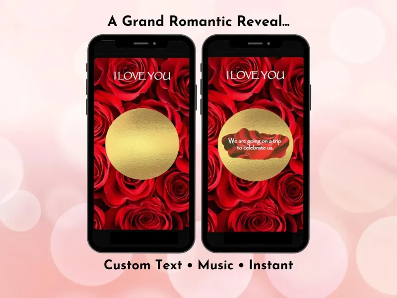 Glam rose digital scratch card with classic red roses design and gold foil scratch reveal for romantic messages