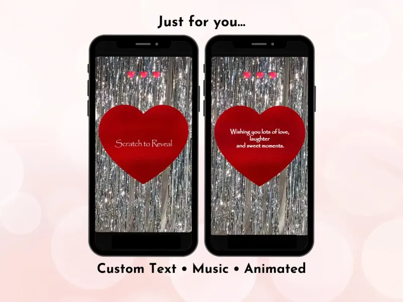 Silver sparkle love digital scratch card with glitter silver background and bold red heart reveal by NylaLand