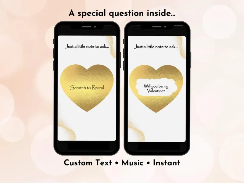 Valentine's Day digital scratch card with clean minimal gold heart design on white background, personalised reveal