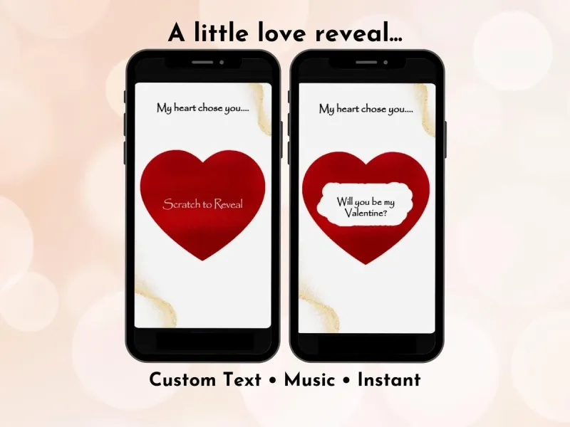 Romantic red heart digital scratch card with bold red heart design and gold foil scratch reveal by NylaLand