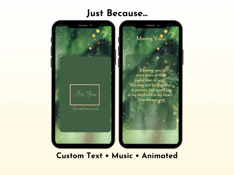 Thinking of You digital scratch card with deep green glowing design and heartfelt personalised message reveal