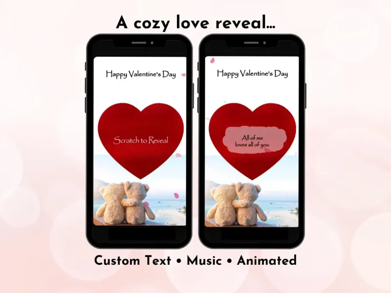 Romantic teddy bear digital scratch card with ocean background and sentimental love note message reveal