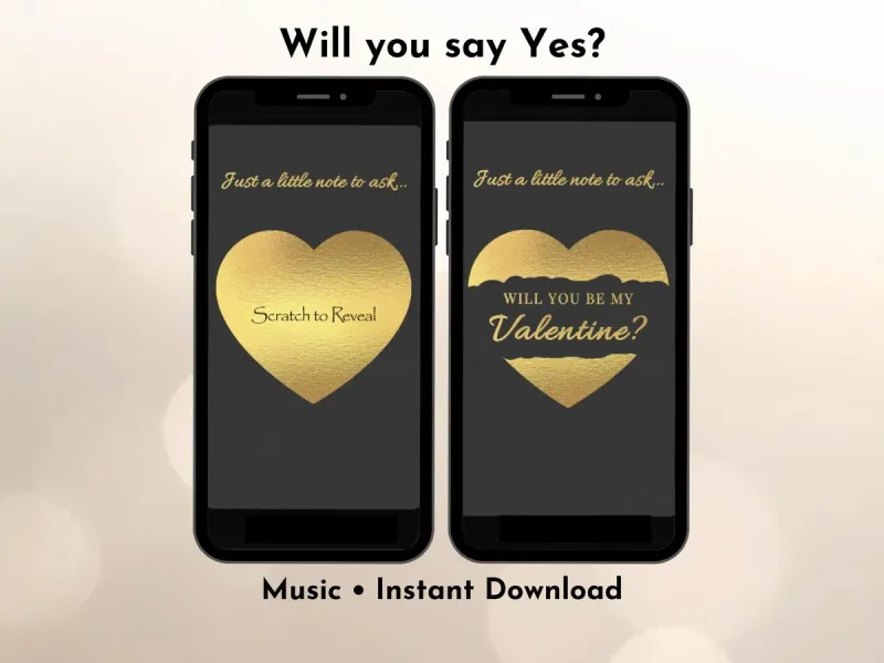 Will you be my Valentine digital scratch card with gold heart on red background, ready to send instantly