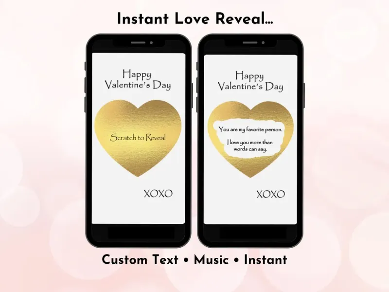Valentine's Day digital scratch card with classic red heart romantic design and gold foil scratch reveal