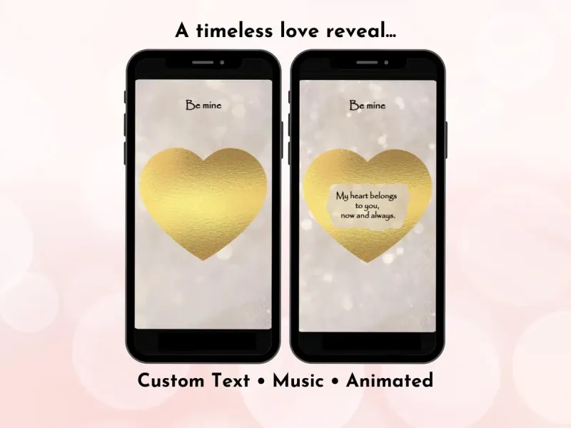 Elegant gold heart digital scratch card with white background and gold heart animation, classic romantic love reveal