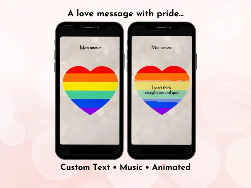 Pride love LGBTQ+ digital scratch card with rainbow heart on white video background, inclusive personalised design