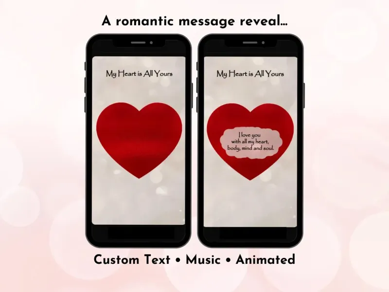 Sweet romantic digital scratch card with white background and red heart design, personalised love message reveal