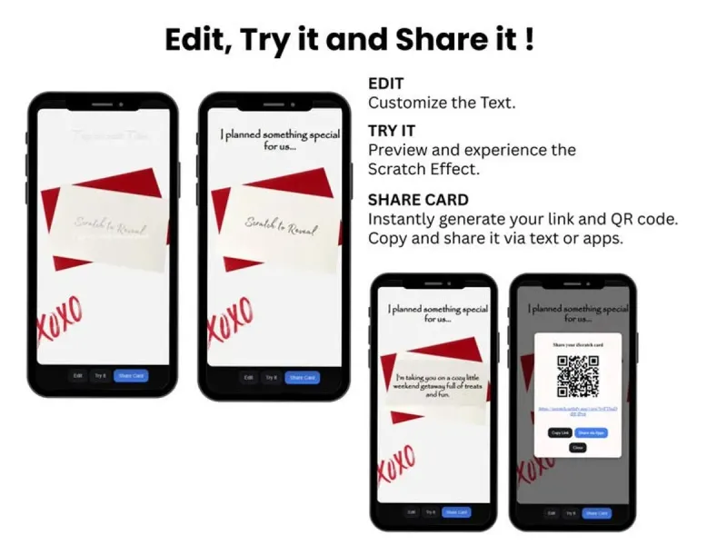 XOXO Scratch Card, Digital Greeting Card Style Reveal, Interactive Virtual Scratch Off, Romantic Message Surprise