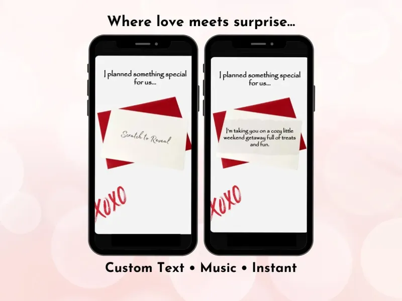 XOXO digital scratch card styled like a greeting card with music, gold foil scratch reveal and animated love message