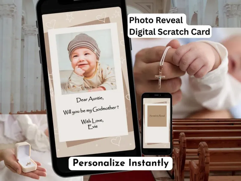 Baptism godparent proposal photo reveal scratch card in beige and cream tones with personal photo slot