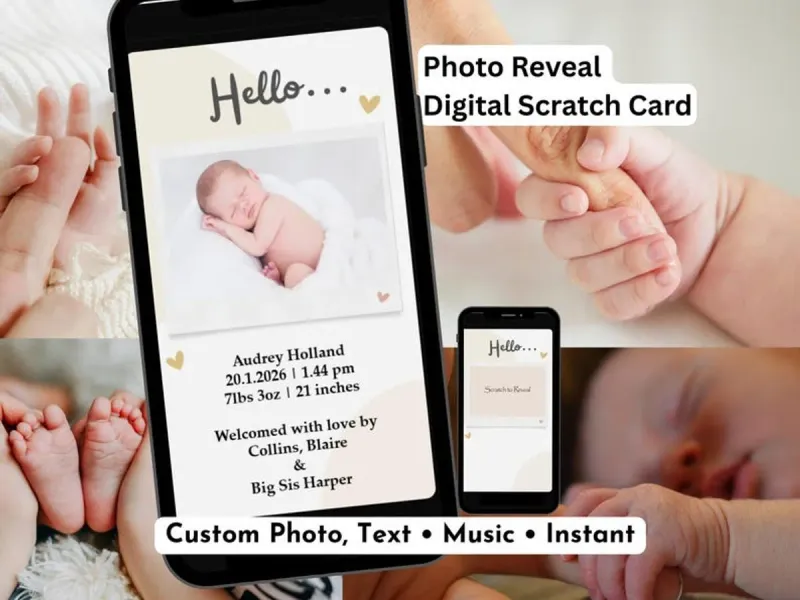 Baby announcement scratch to reveal digital card with cream polaroid photo design and hello world birth details reveal