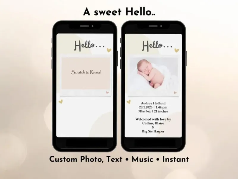 Baby Announcement Scratch to Reveal, Digital Photo Reveal Scratch Card, Custom Birth Details with Music, Hello Card — view 2