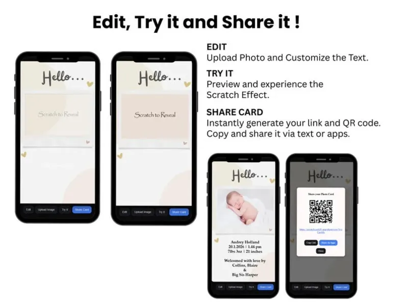 Baby Announcement Scratch to Reveal, Digital Photo Reveal Scratch Card, Custom Birth Details with Music, Hello Card