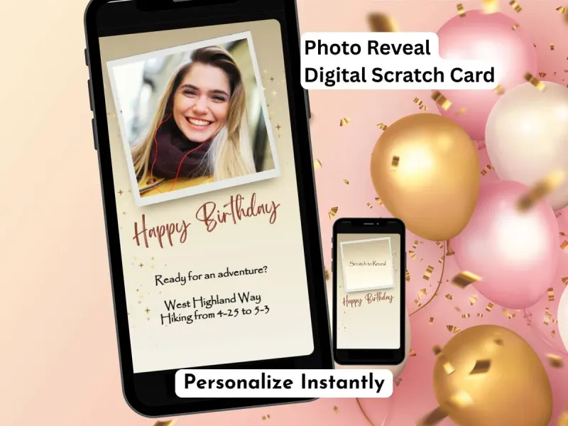 Photo birthday surprise scratch card with soft gold and neutral tones, custom photo upload slot for personalised reveal