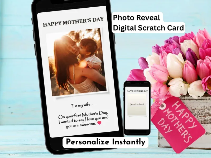 Personalised Mother's Day photo reveal scratch card with custom photo upload and floral gold design