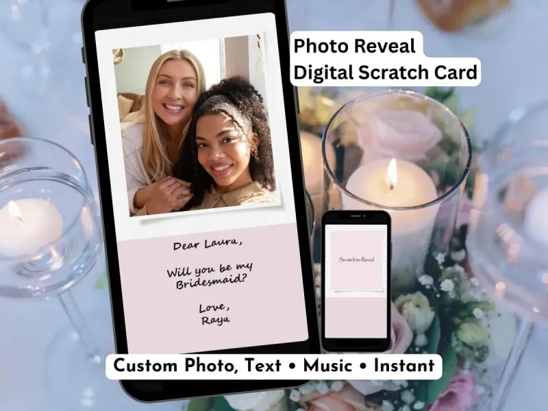 Bridesmaid proposal photo reveal scratch card in soft pastel rose tones with custom photo slot