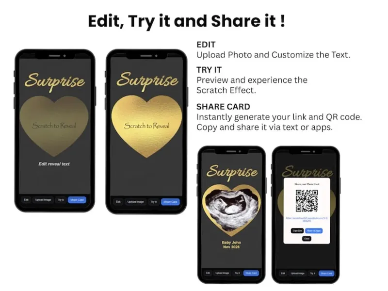 Pregnancy Announcement Scratch Card, Ultrasound Photo Reveal Scratch Card, Digital, Instant Download, Gold Heart Surprise
