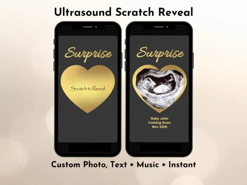 Pregnancy Announcement Scratch Card, Ultrasound Photo Reveal Scratch Card, Digital, Instant Download, Gold Heart Surprise — view 2