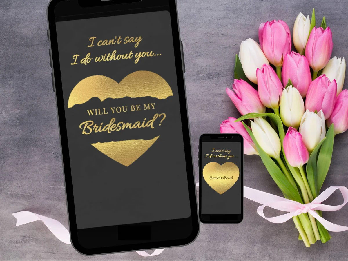 Will you be my bridesmaid digital scratch card with dark background and gold heart reveal