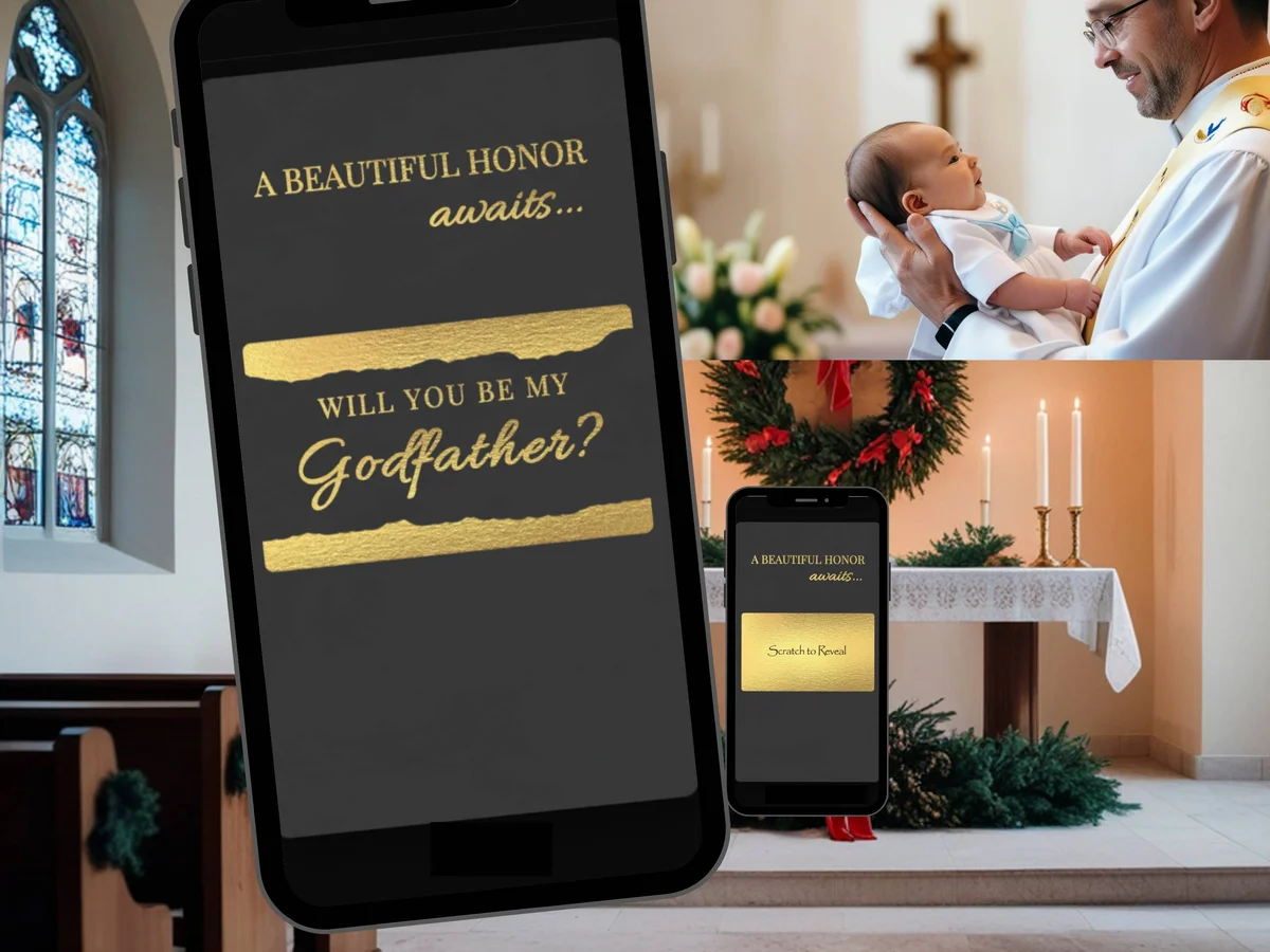 Will you be my Godfather digital scratch card with dark background, gold honor awaits text and gold bar scratch reveal
