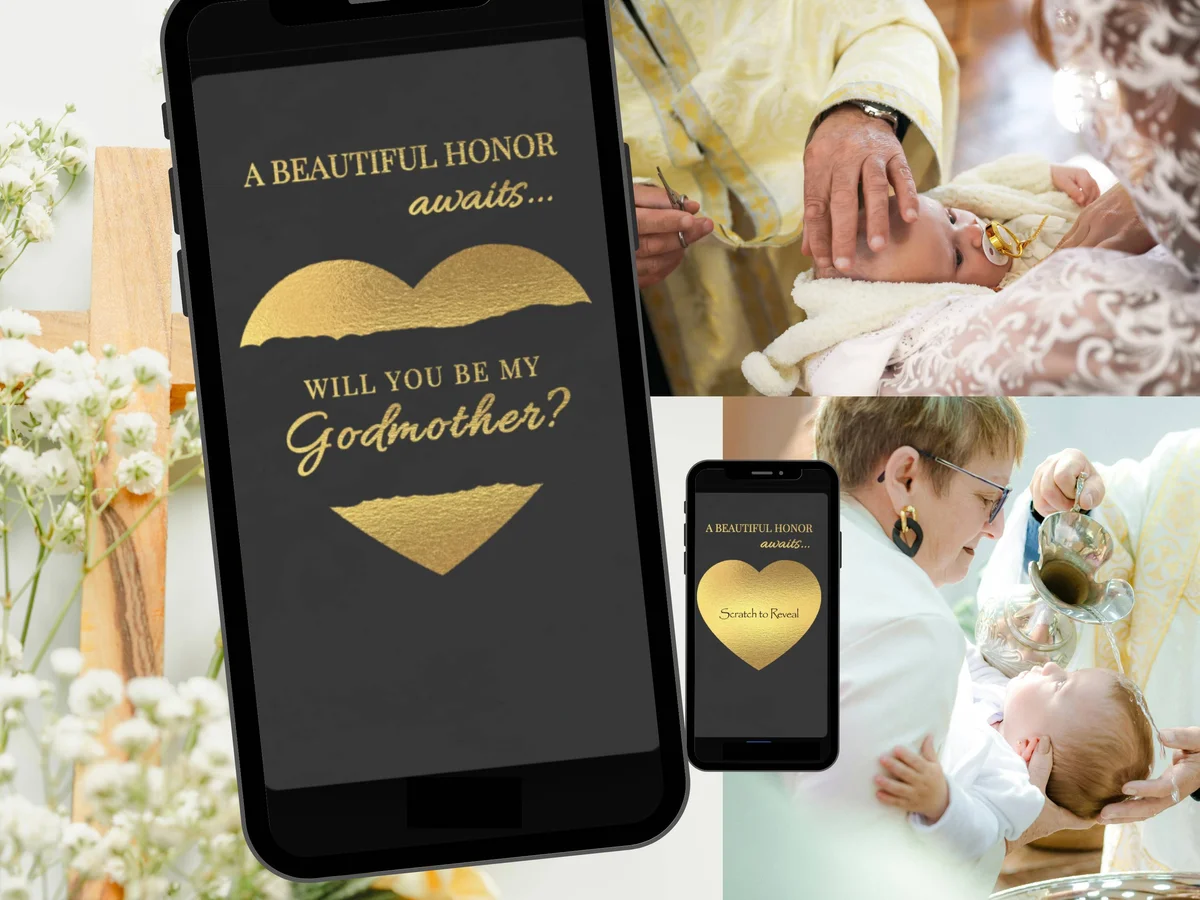 Will you be my Godmother digital scratch card with dark background, gold honor awaits text and gold heart scratch reveal