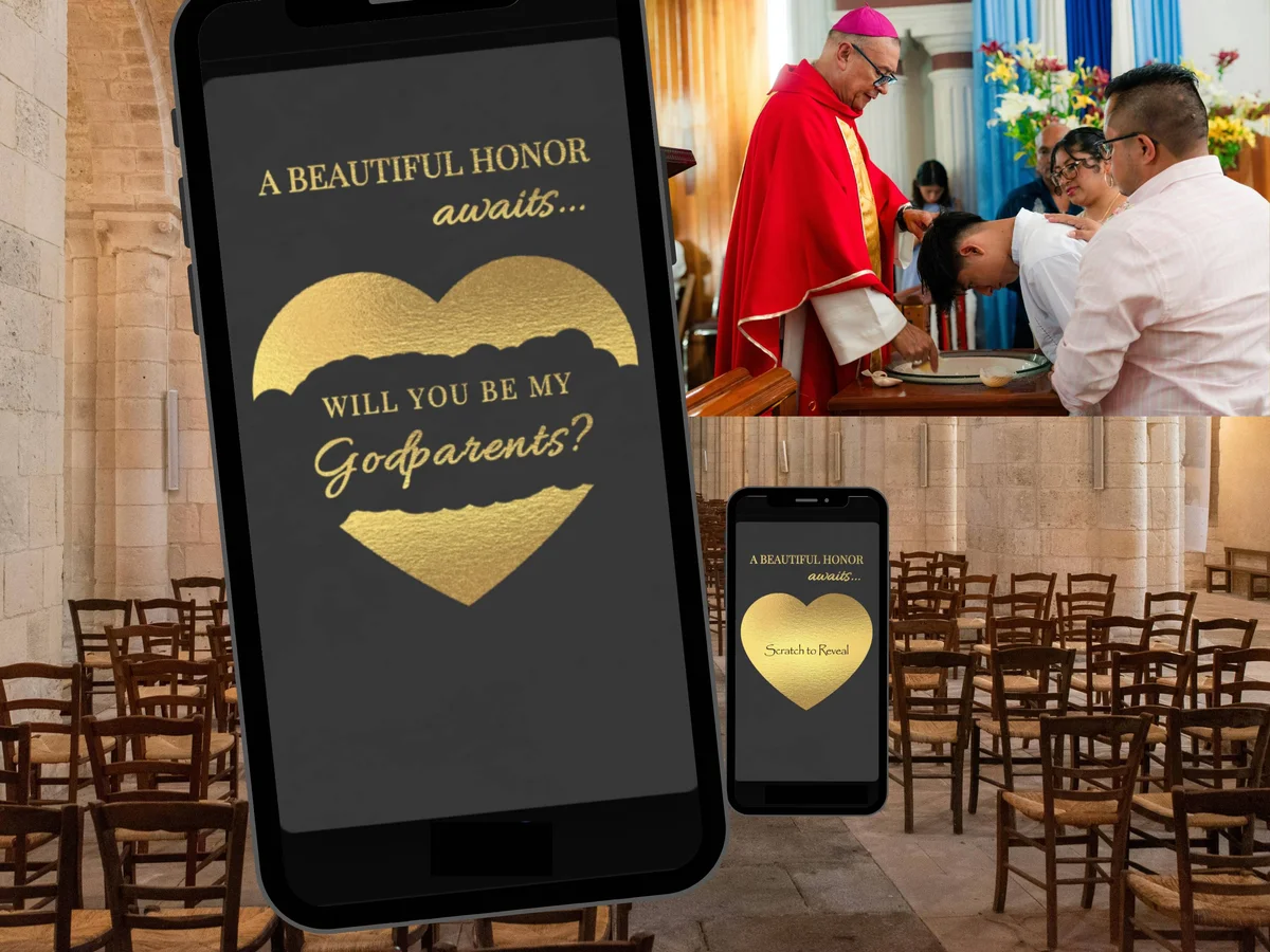 Will you be my Godparents digital scratch card with dark background, gold honor awaits text and gold heart scratch reveal