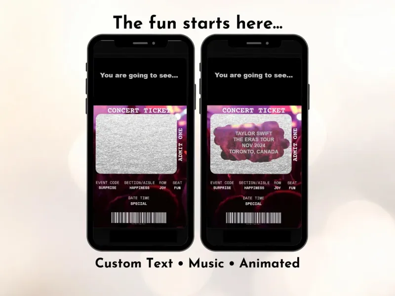 Concert ticket reveal digital scratch card with stub design, personalise the show details and share as a surprise gift