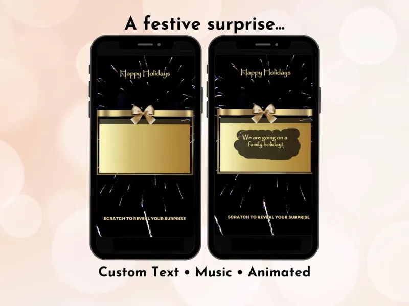 Fireworks digital scratch card surprise with gold fireworks burst design, personalised secret message reveal