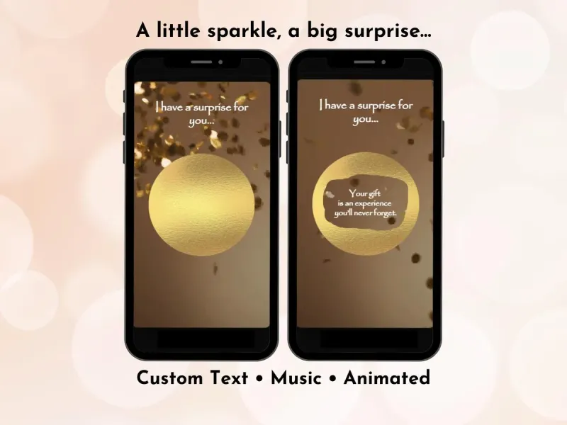 Gold confetti digital scratch card surprise with burst of gold confetti animation and personalised reveal message