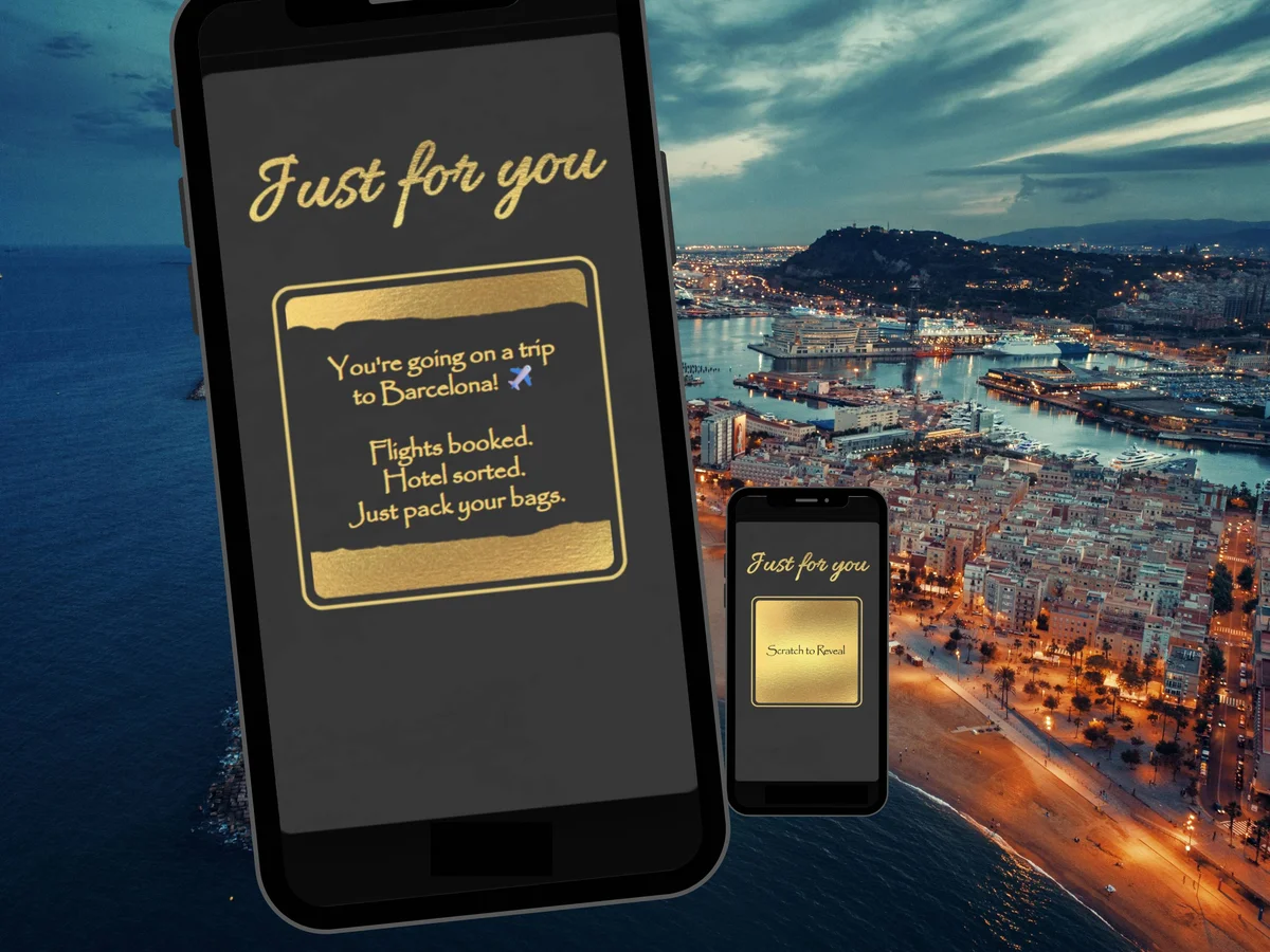 Just For You digital scratch card with dark background, elegant gold script text and large gold square scratch reveal