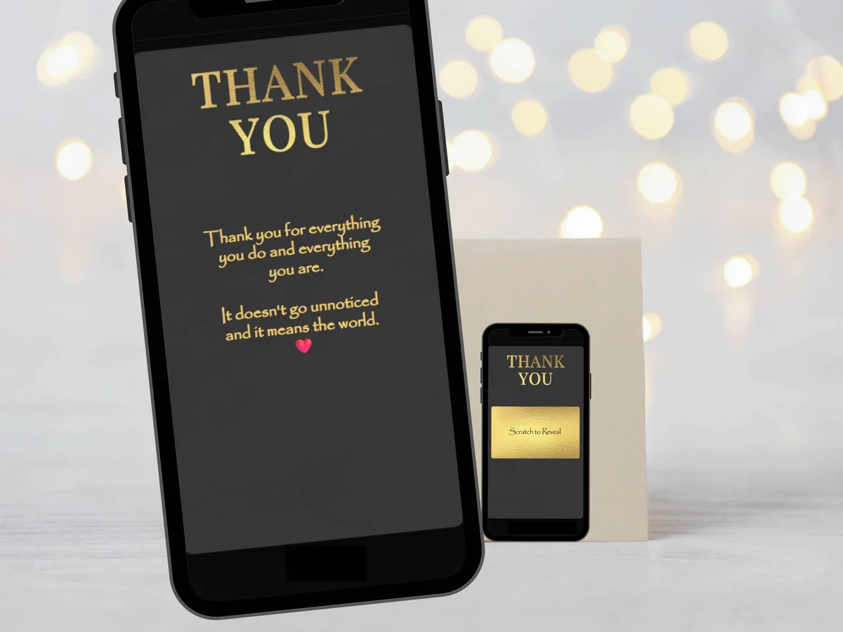 Thank You digital scratch card with dark background, bold gold Thank You text and wide gold rectangle scratch reveal