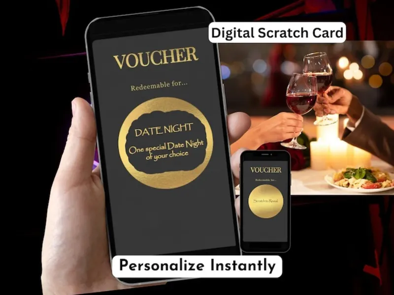 Digital scratch card gift voucher with black and gold design, personalise and share as a surprise link