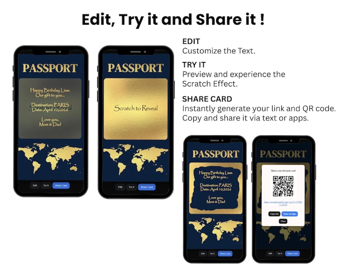 Vacation Reveal Scratch Card, Travel Passport Scratch Ticket, Classic Navy & Gold