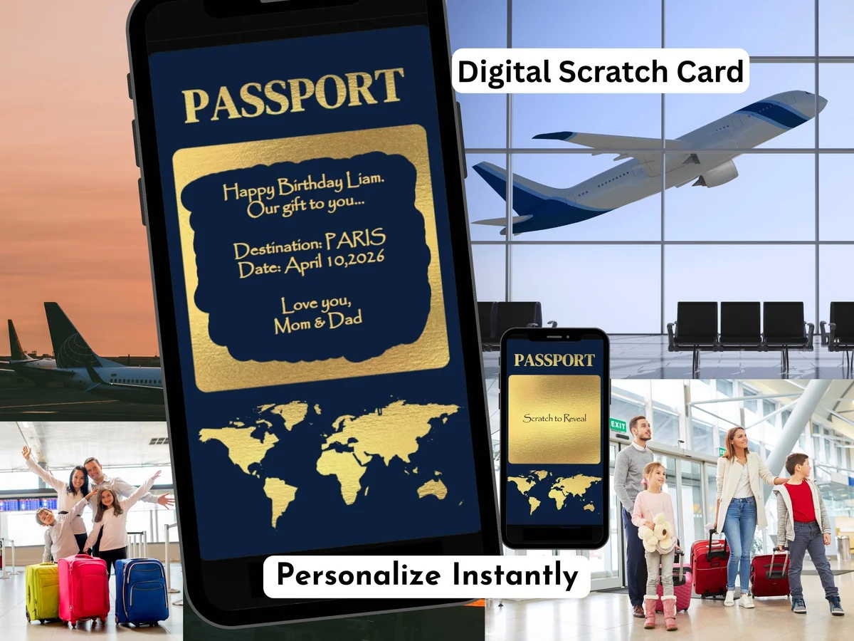 Blue passport digital scratch card with gold foil stamp design for vacation and trip reveal surprises
