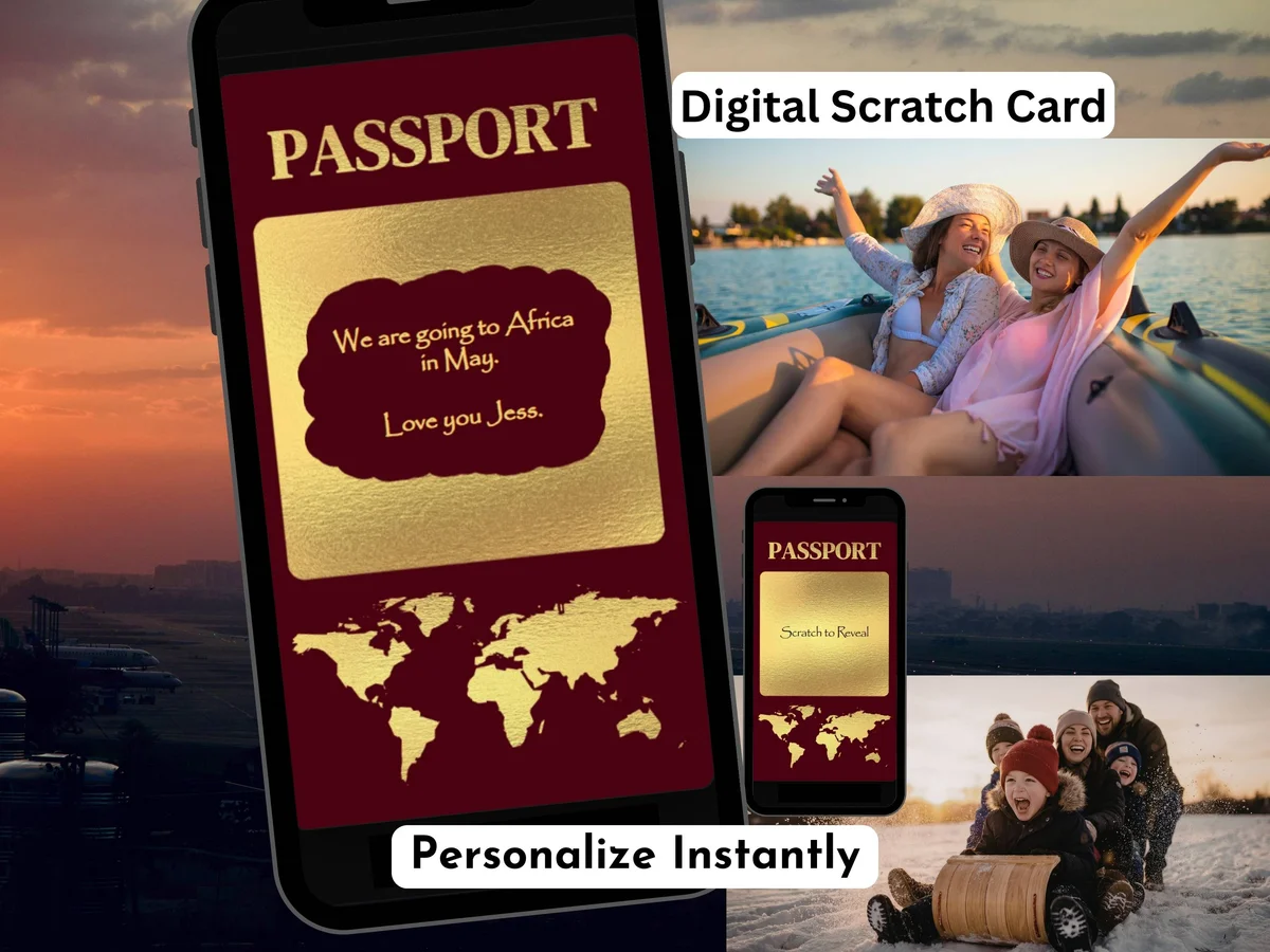 Burgundy passport digital scratch card with gold foil stamp design for vacation and trip reveal surprises