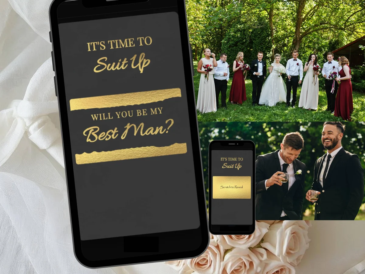 Will you be my Best Man digital scratch card with dark background, gold suit up text and gold bar scratch reveal