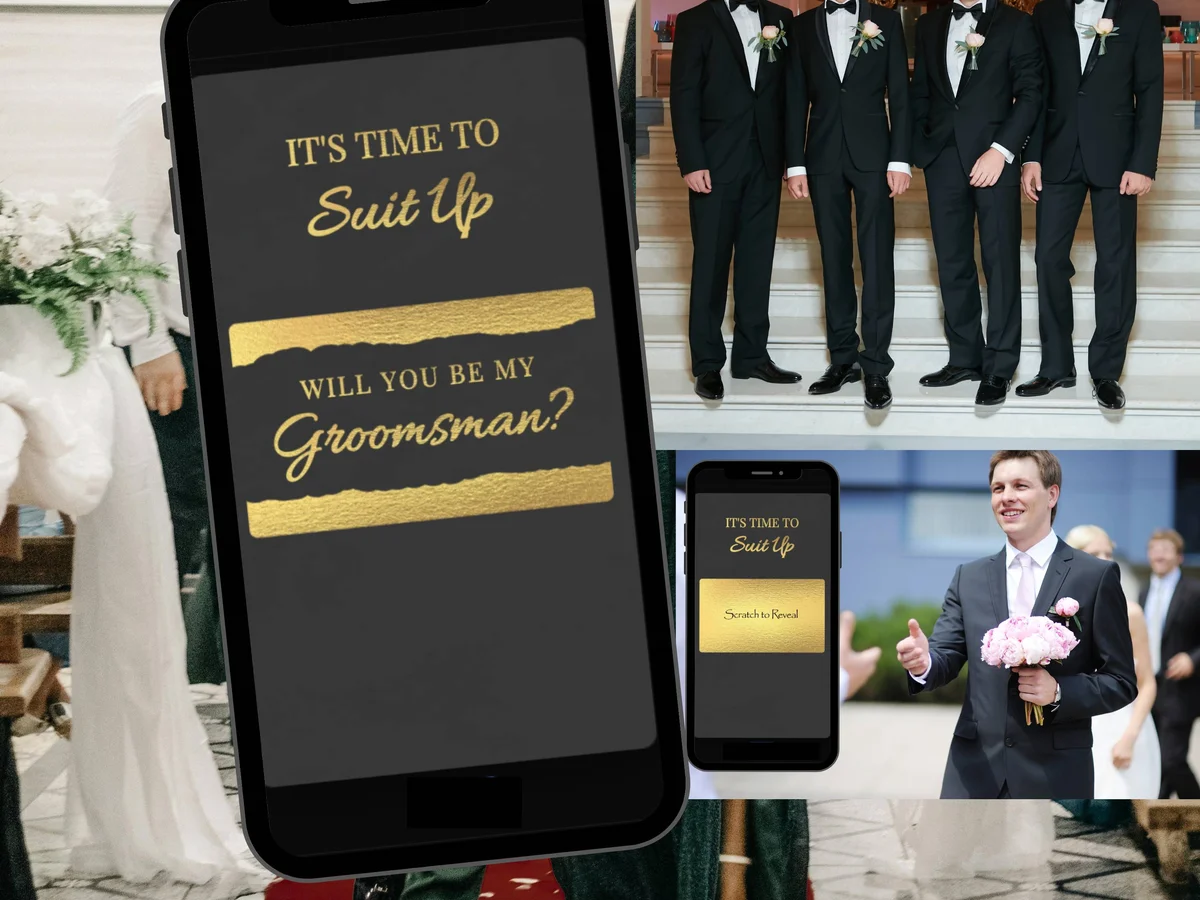 Will you be my Groomsman digital scratch card with dark background, gold suit up text and gold bar scratch reveal