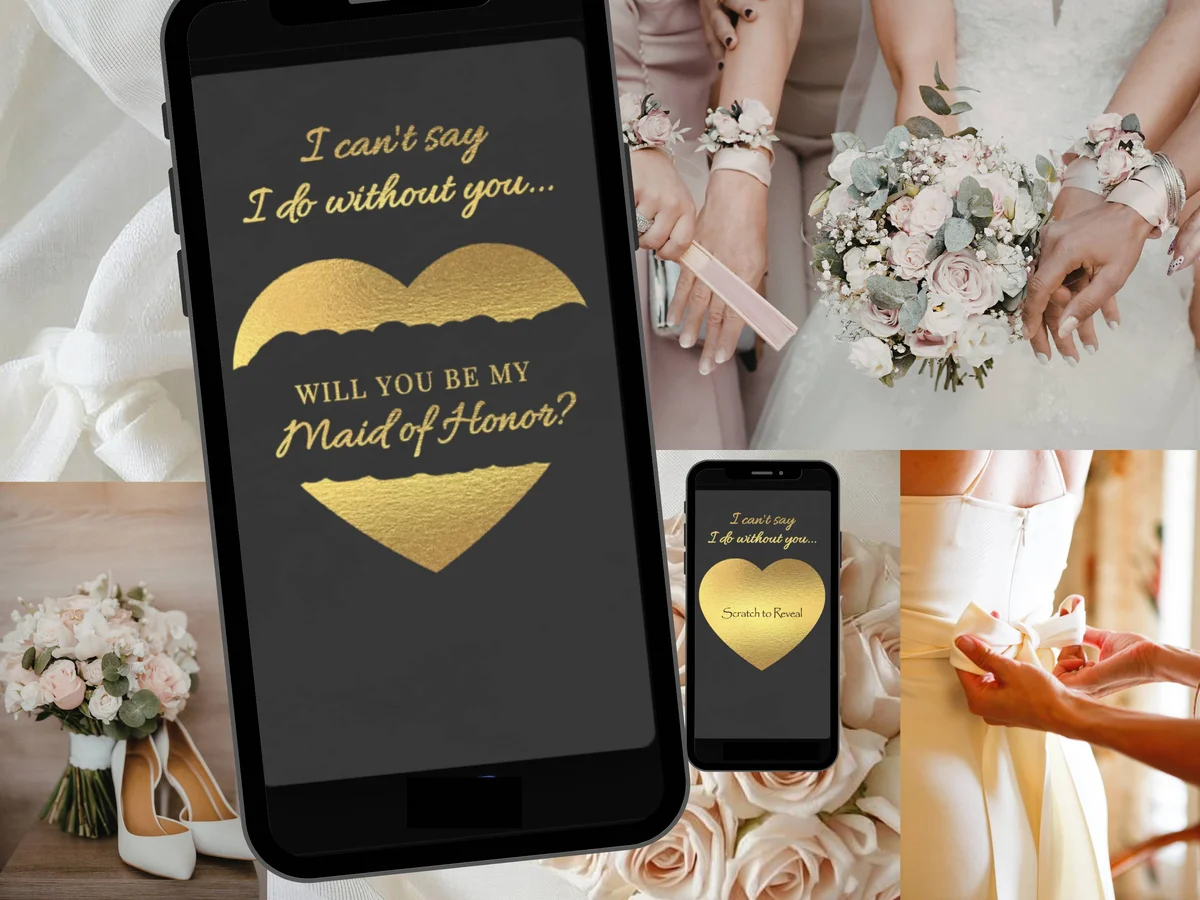 Will you be my Maid of Honor digital scratch card with dark background and gold heart reveal